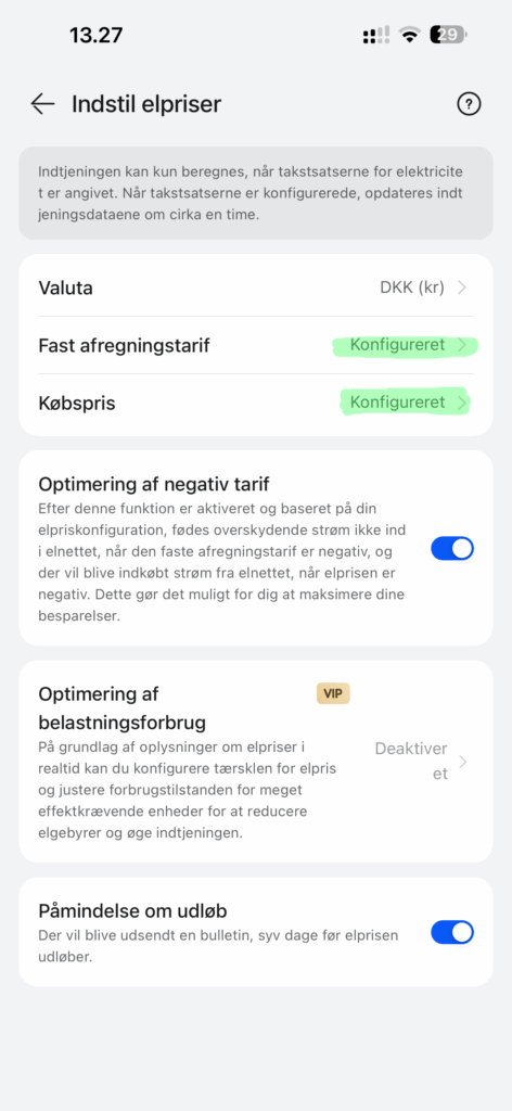 Købspris og afregningstarif konfigureret i FusionSolar