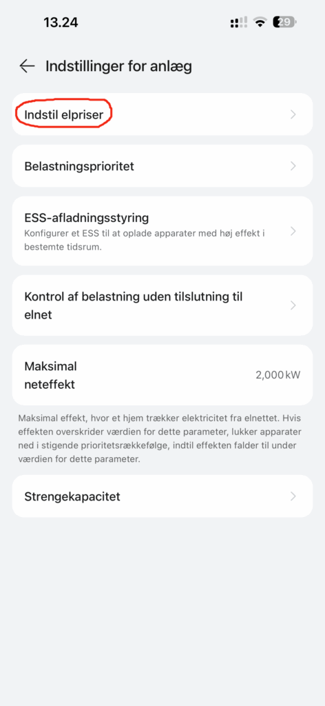 Menupunktet Indstil elpriser i FusionSolar