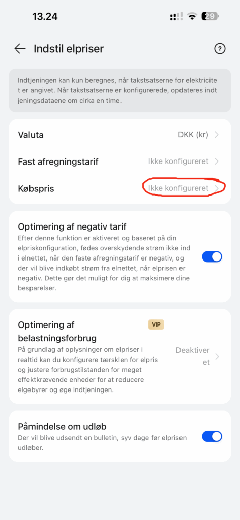 Valg af købspris i FusionSolar