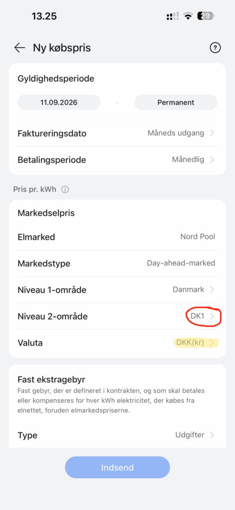 Valg af DK1 eller DK2 og DKK i FusionSolar