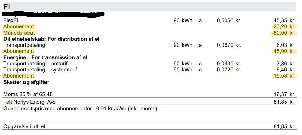 Eksempel på øvrige forbrugsafhængige tillæg på en elregning