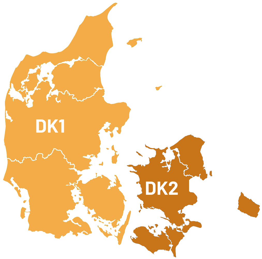 DK1 og DK2 elprisområder i Danmark
